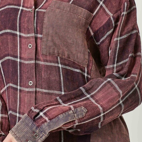 MYSTREE Oversized Plaid Button Down Shacket, Burgundy Wine Checkered, Grunge - Picture 8 of 8